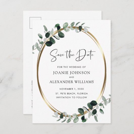 Eucalyptus Gold Metallic QR Code Save the Date Aankondigingskaart (Voorkant / Achterkant)