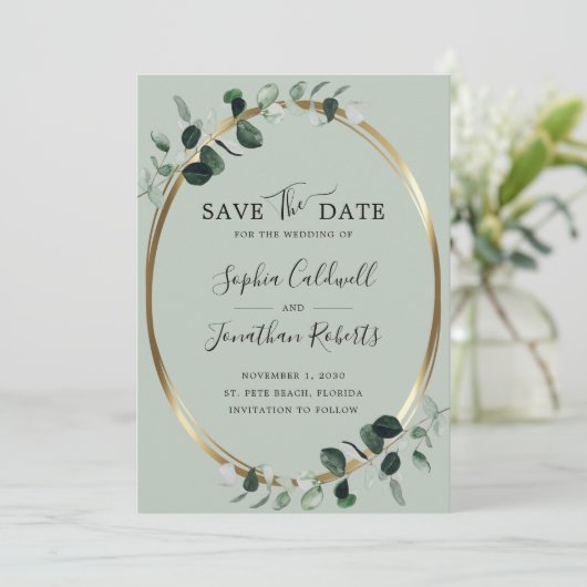 Eucalyptus Gold Metallic Sage Weddenschap Save The Date (Staand voorkant)