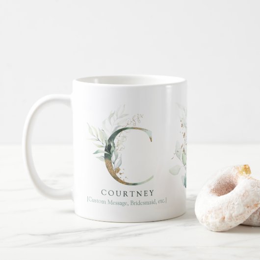 Eucalyptus Gold Monogram Initiaal C Greenery Chic Koffiemok (Met donut)