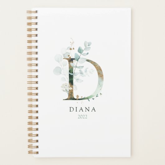 Eucalyptus Gold Monogram Initiaal D Floral Greener Planner (Voorkant)