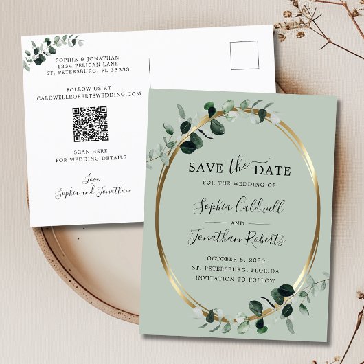 Eucalyptus Gold Sage QR-code De datum opslaan Aankondigingskaart