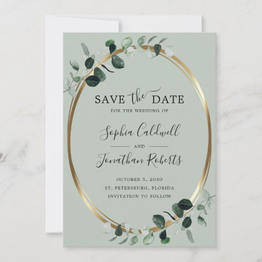 Eucalyptus Gold Sage QR Code Huwelijk Save The Date (Voorkant)