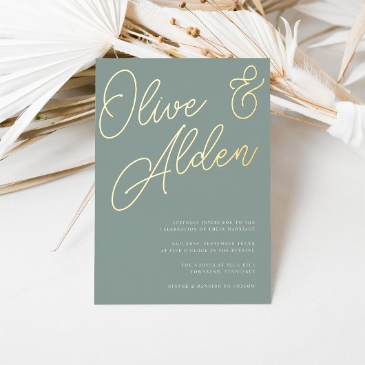 Eucalyptus | Gold Script Wedding Folie Uitnodiging