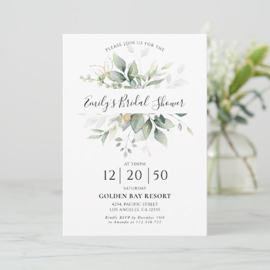 Eucalyptus Goud Bloemen Bruids Douche Uitnodiging (Staand voorkant)