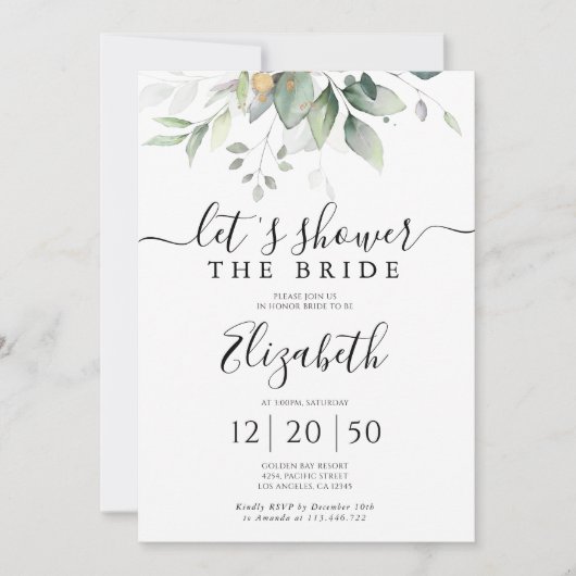 Eucalyptus Goud Bloemen Bruids Douche Uitnodiging (Voorkant)