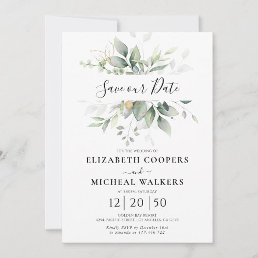 Eucalyptus Goud Bloemengroen Bespaar onze datum Ka Save The Date (Voorkant)
