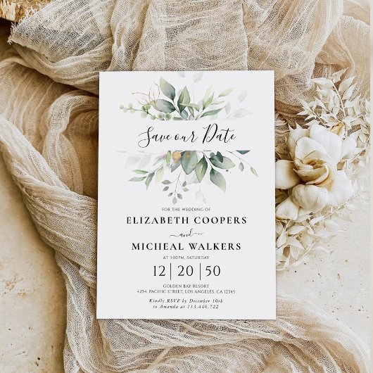 Eucalyptus Goud Bloemengroen Bespaar onze datum Ka Save The Date