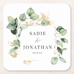 Eucalyptus Goud Elegant Krans Bruiloft Vierkante Kartonnen Onderzetter