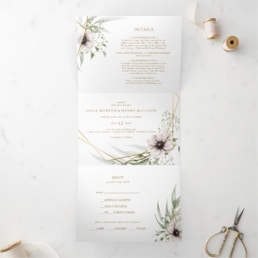 Eucalyptus Goud Geometrische Bruiloft Alles In Een Drieluik Uitnodiging (Binnen)