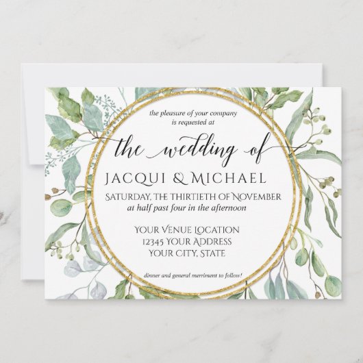 Eucalyptus Goud, Groen in Wit Bladgroen Bruiloft Kaart (Voorkant)