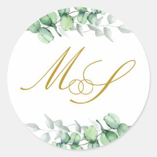 Eucalyptus Goud Monogram Bruiloft Ronde Sticker