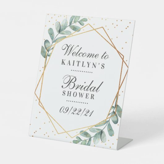 Eucalyptus Gouden Geometrische Bruiloft Feest Reclamebord Met Voetstuk (Voorkant)