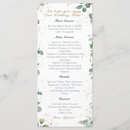 Eucalyptus Gouden Glitter - Groene bruiloft Menu (Voorkant)