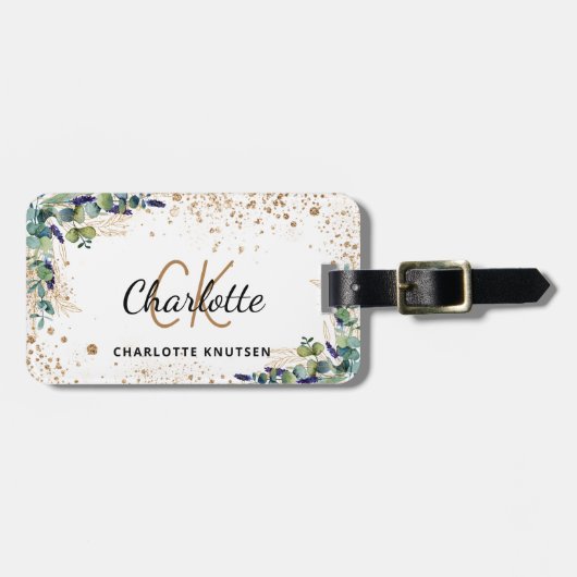 Eucalyptus gouden glitters monogram naam bagagelabel (Voorkant horizontaal)