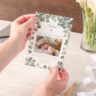Eucalyptus Gouden Kruis Baby Doopsel Foto Vellum Uitnodigingen