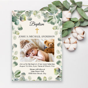 Eucalyptus Gouden Kruis Religieuze Doop Foto Kaart