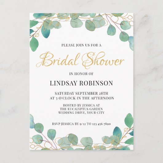 Eucalyptus Green Bridal Shower Invitation Briefkaa Uitnodiging Briefkaart (Voorkant)