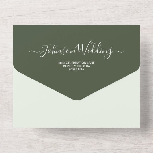 Eucalyptus green Elegant Name Script Modern All In One Uitnodiging (Achterkant)