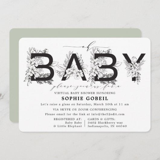 Eucalyptus Green Floral VIRTUTAL Baby shower Kaart (Voorkant / Achterkant)