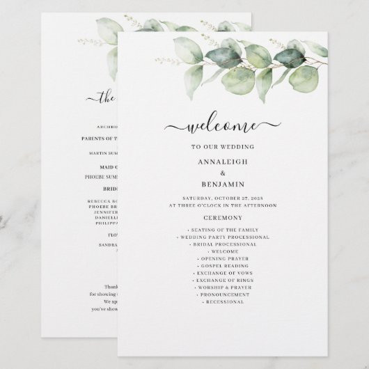 Eucalyptus Green Foliage Programme de mariage (Devant / Derrière)