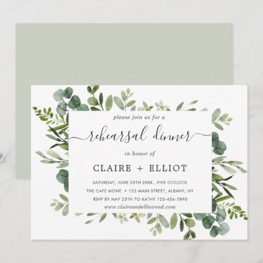 Eucalyptus Green Foliage Rehearings Dinner Kaart (Voorkant / Achterkant)