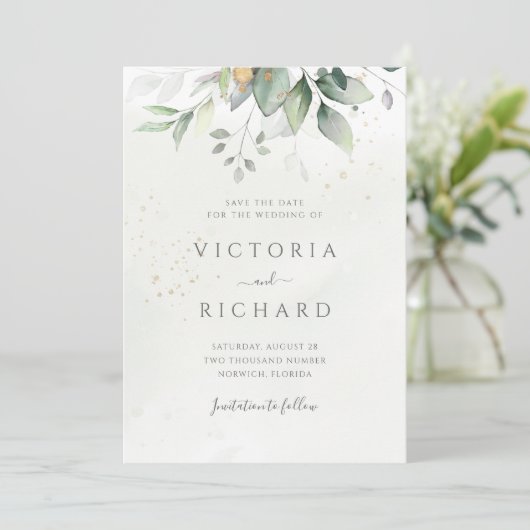 Eucalyptus Green Foliage Weddenschap Save The Date (Staand voorkant)