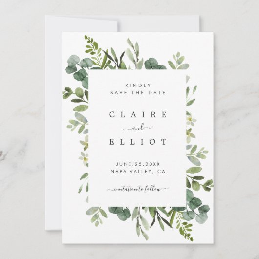 Eucalyptus Green Foliage Weddenschap Save The Date (Voorkant)