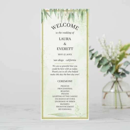 Eucalyptus Green Gold Foliage Programme de mariage (Debout devant)