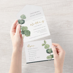 EUCALYPTUS GREEN GOLD FOLIAGE WATERVERF WEDDING ALL IN ONE UITNODIGING