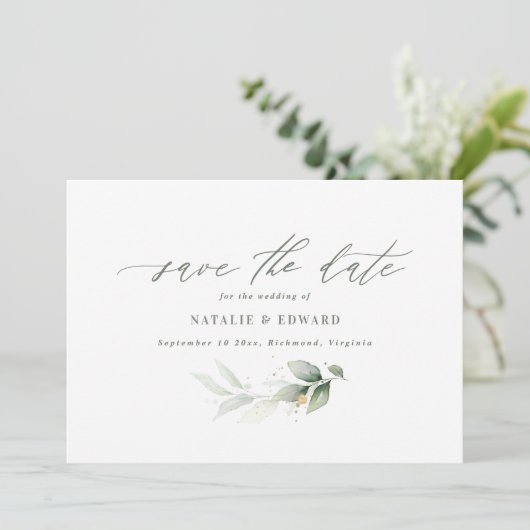 Eucalyptus green Gold minimale bruiloft Save The Date (Staand voorkant)