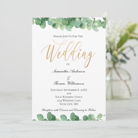 Eucalyptus Green Gold Script Elegant Weddenschap Kaart (Staand voorkant)