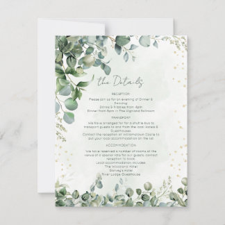 Eucalyptus Green & Gold Wedding Details Card 1001A Kaart