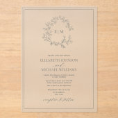 Eucalyptus Green Leafy Crest Monogram Weddenschap Acryl Uitnodigingen (Voorkant)