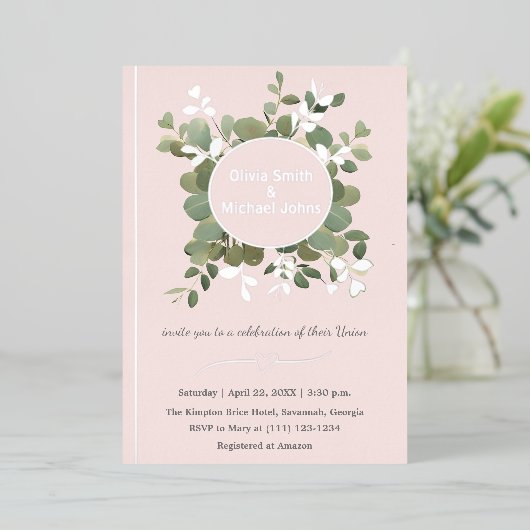 Eucalyptus Green Pink Silver Code QR Invitations (Debout devant)
