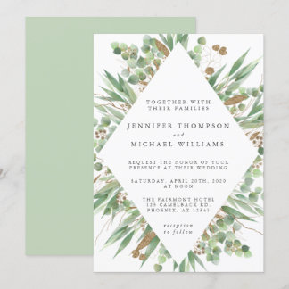 Eucalyptus Green Waterverf & Gold Wedding Kaart