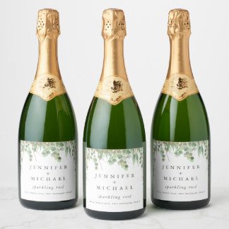 Eucalyptus Green Waterverf & Gold Wedding Sparkling Wijnetiket
