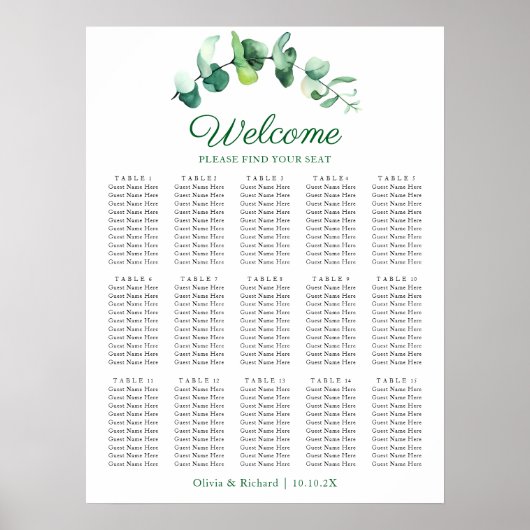 Eucalyptus Greenery 15 Table Wedding Seating Chart Poster (Voorkant)