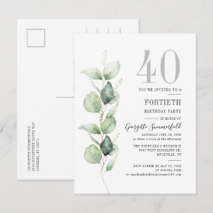 Eucalyptus Greenery 40th Birthday Botanical Party Uitnodiging Briefkaart