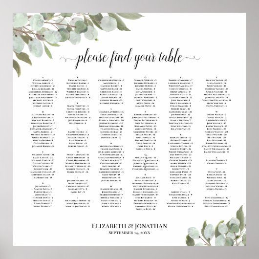 Eucalyptus Greenery Alfabetical Seating Chart Poster (Voorkant)