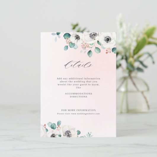Eucalyptus greenery anemone floral rustitbruiloft informatiekaartje (Staand voorkant)