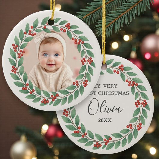 Eucalyptus Greenery Baby First Christmas Photo Keramisch Ornament