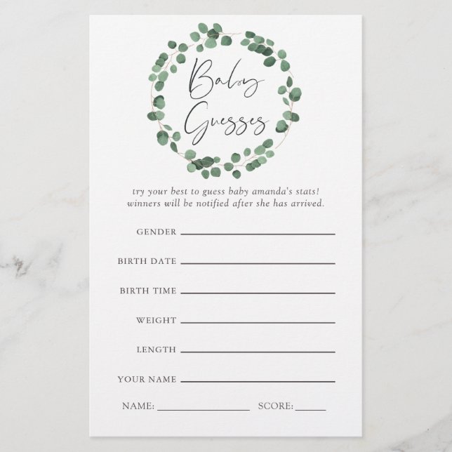 Eucalyptus Greenery Baby shower Game (Voorkant)