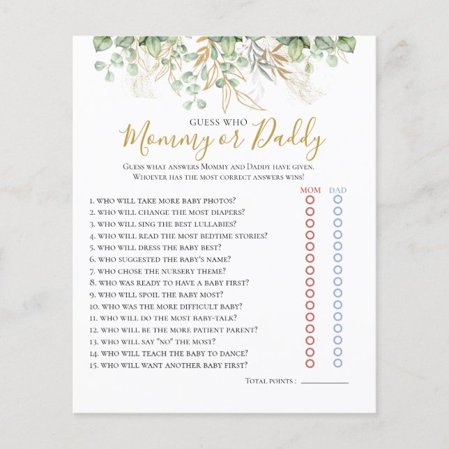 Eucalyptus Greenery Baby shower Game (Voorkant)