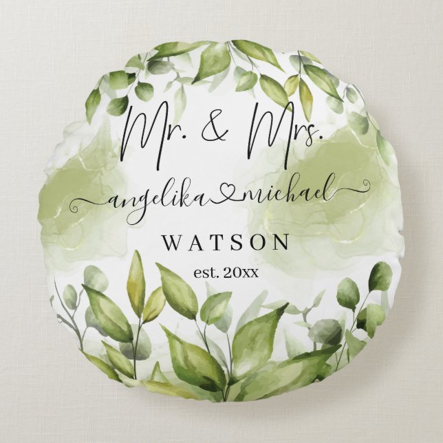 Eucalyptus Greenery Blush Modern Trendy Script Rond Kussen (Voorkant)
