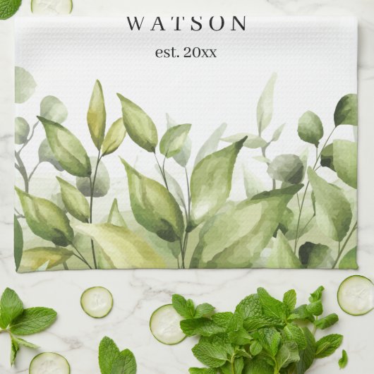 Eucalyptus Greenery Blush Modern Trendy Script Theedoek (Gevouwen)