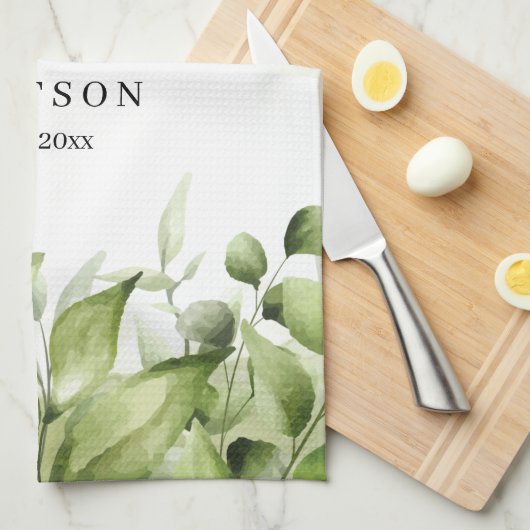 Eucalyptus Greenery Blush Modern Trendy Script Theedoek (Quarter Fold)