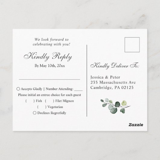 Eucalyptus Greenery Blush Rozen Weddenschap RSVP Briefkaart (Achterkant)