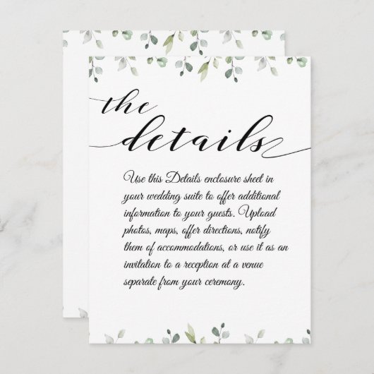 Eucalyptus Greenery Border Zwart Trouwdetails Informatiekaartje (Voorkant / Achterkant)