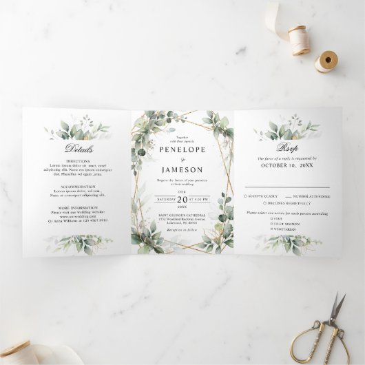Eucalyptus Greenery Botanical Wedding Invitation Drieluik Programma (Binnen)