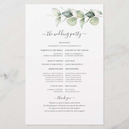 Eucalyptus Greenery Botanical Wedding Programme (Achterkant)